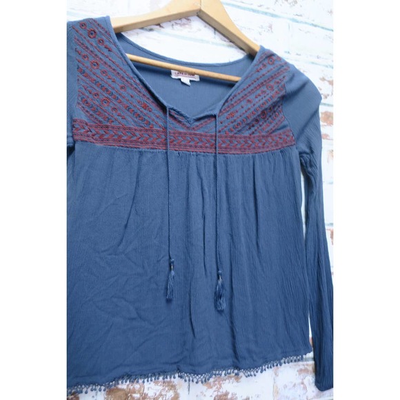 Cape Juby Flowing Long Sleeve Embroidered Tassle Peasant Boho Blouse - Picture 3 of 9